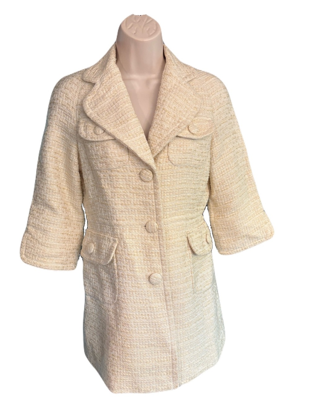 Banana Republic XS Ivory Gold Metallic Tweed Coat 3/4 Sleeve Wedding Office Fall